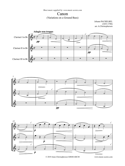 Pachelbel's Canon - 3 Clarinets - easy (Arr. Anne L Christopherson GRSM ARCM) - Pachelbel, Johann (Woodwind Ensemble)