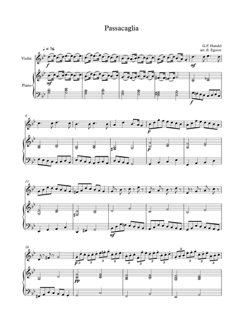 Passacaglia, Handel-Halvorsen, For Violin & Piano (Arr. Eugene Egorov) - George Frideric Handel (Violin and Piano)