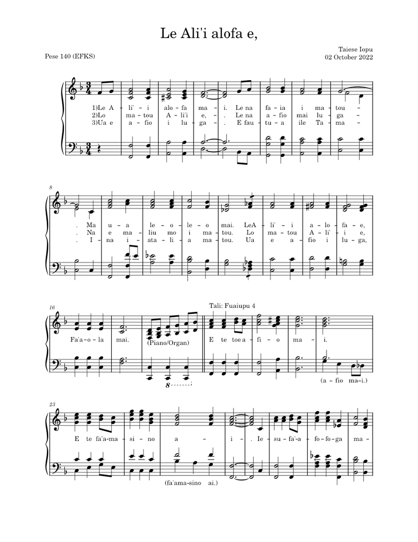 Le_Ali'i_alofa_e, pese 140 Sheet music for Piano (Piano-Voice) Easy ...