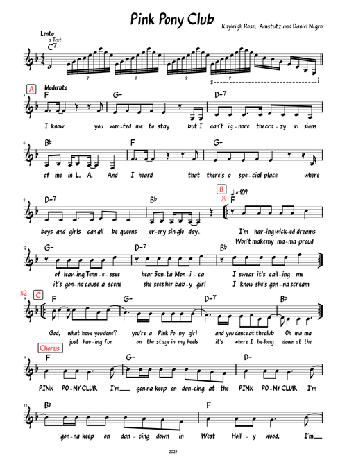 Pink Pony Club (Lead sheet with lyrics )