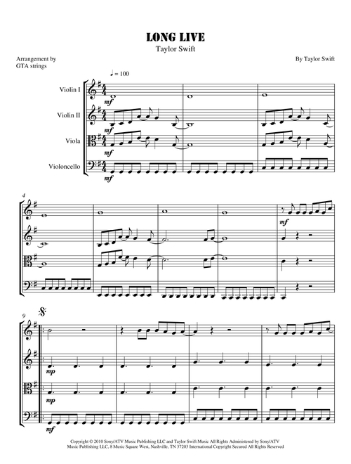 Long Live (Arr. GTA Strings) - Taylor Swift (String Quartet)