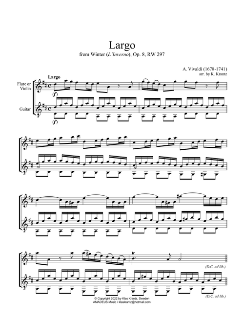 Largo from Winter (L'Inverno) for flute or violin and guitar (Arr. K. Krantz) - A Vivaldi (Instrumental Duet)