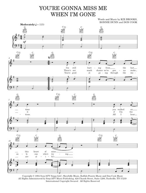 You're Gonna Miss Me When I'm Gone - Brooks & Dunn, Brooks & Dunn featuring Reba McEntire, Reba McEn (Piano-Vocal-Guitar)