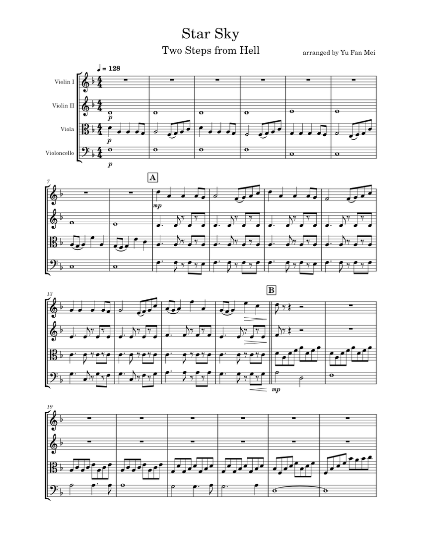 Star Sky Sheet Music for Violin, Viola, Cello (String Quartet ...