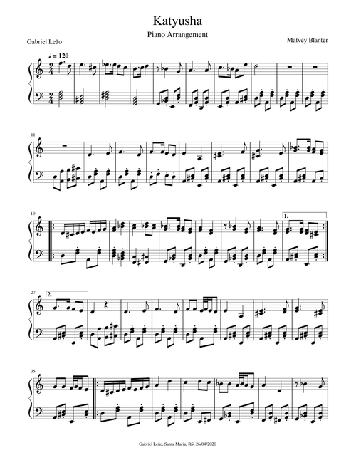 Katyusha Piano Arrangement (with Bossa Nova)