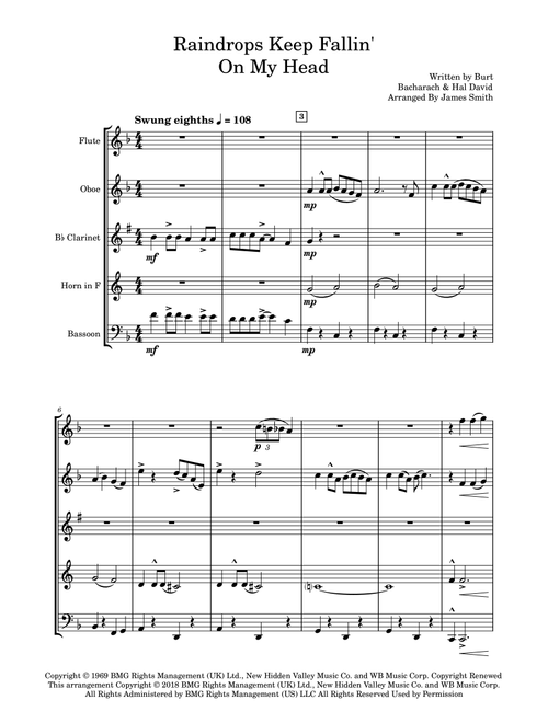 Raindrops Keep Fallin' On My Head (Arr. James Smith) - BJ Thomas (Woodwind Ensemble)