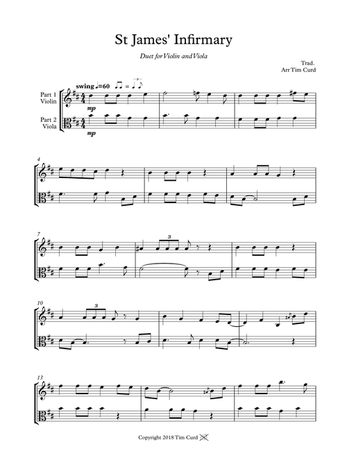 St James' Infirmary. Duet for Violin and Viola (Arr. Tim Curd) - trad. (Instrumental Duet)