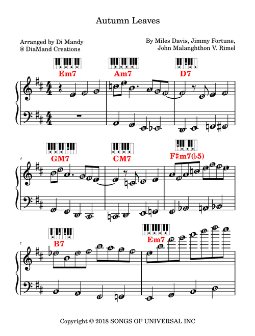 Autumn Leaves (Arr. Dianne Mandy) - Miles Davis (Easy Piano)