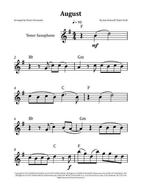 August (Arr. Glauco Fernandes) - Taylor Swift (Tenor Sax Solo)