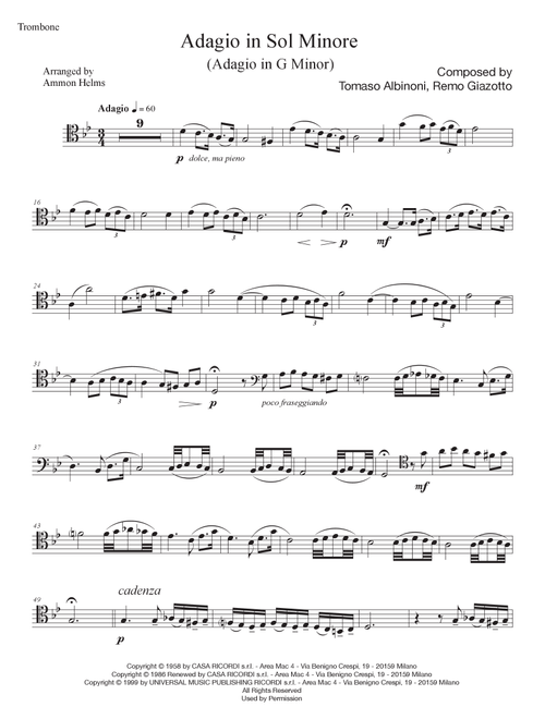 Adagio In Sol Minore (Adagio In G Minor) (Arr. Ammon Helms) - Remo Giazotto, Tomaso Albinoni (Trombone and Piano)