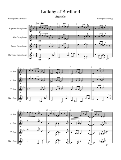 Lullaby of birdland – Saxophone Quartet SATB