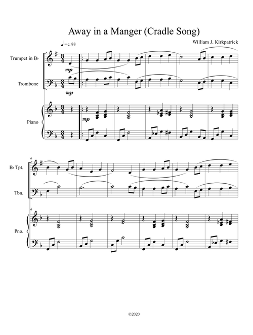 Away in a Manger (Cradle Song) for trumpet and trombone duet with piano accompaniment (Arr. B C Dockery) - William J Kirkpatrick (Instrumental Duet and Piano)