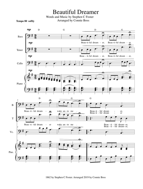 Beautiful Dreamer Key of G for Bass & Tenor (Arr. Connie Boss) - Stephen C Foster (Small Ensemble)