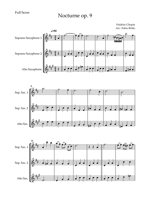 Nocturne Op.9 No. 2 (Frédéric Chopin) for Saxophone Trio (Arr. Fabio Britto) (Woodwind Ensemble)
