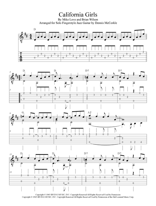 California Girls (Arr. Dennis McCorkle) - The Beach Boys (Guitar Tab)