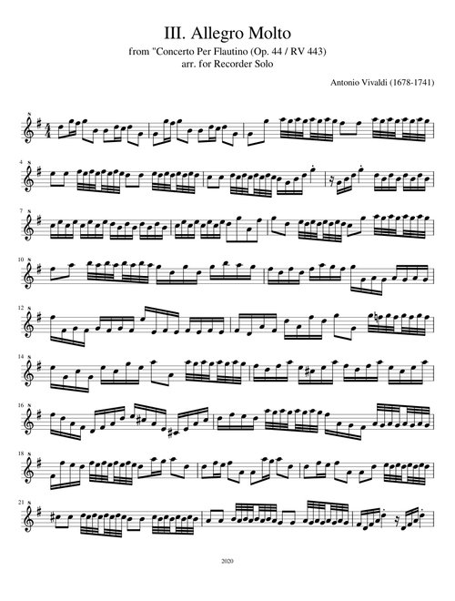 Vivaldi Concerto per Flautino III. Allegro Molto (G Major Arr. for Recorder)
