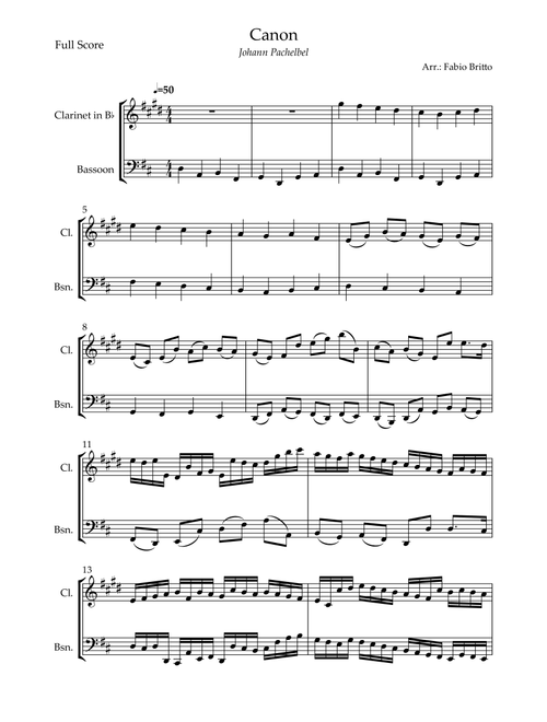 Canon - Johann Pachelbel (Wedding/Reduced Version) for Clarinet in Bb & Bassoon Duo (Arr. Fabio Britto) (Instrumental Duet)