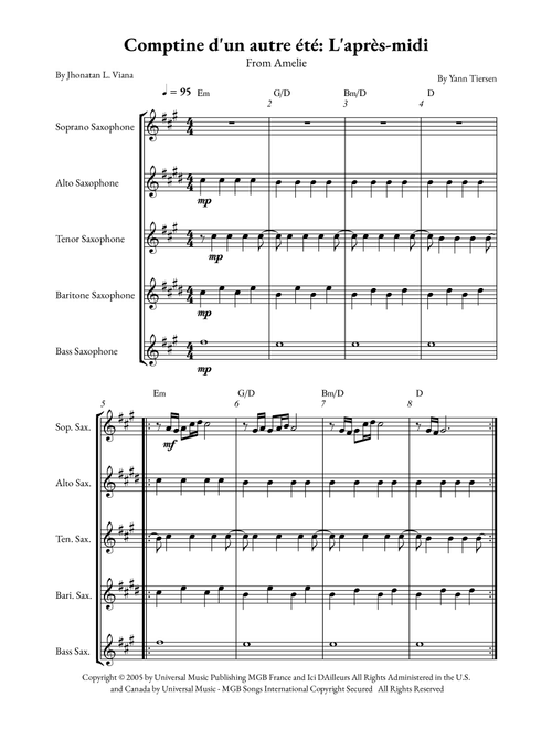 Comptine D'un Autre Été: L'après-Midi (Arr. Jhonatan Lucio Viana) - Yann Tiersen (Woodwind Ensemble)