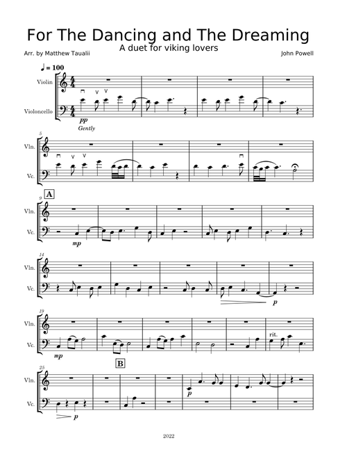For The Dancing And The Dreaming- John Powell, Arranged by Matthew Taualii