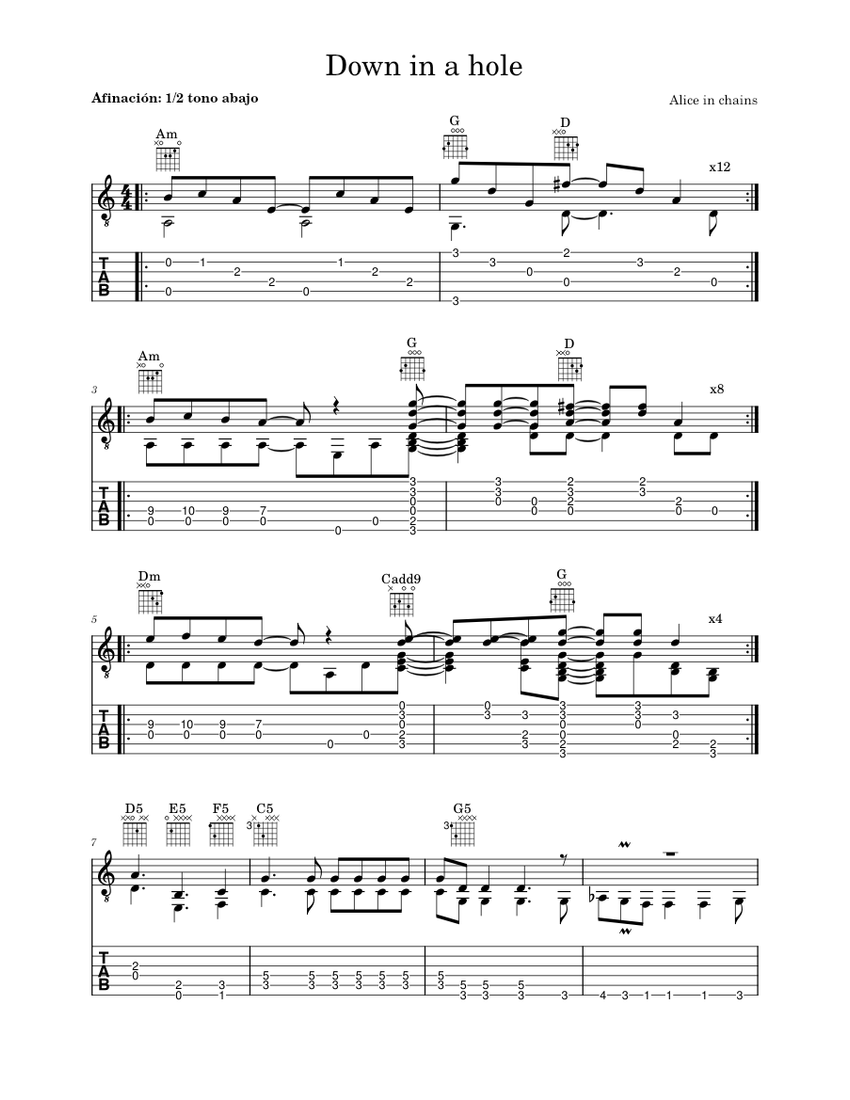 Down In A Hole Unplugged Alice In Chains Sheet music for Guitar Solo Musescore