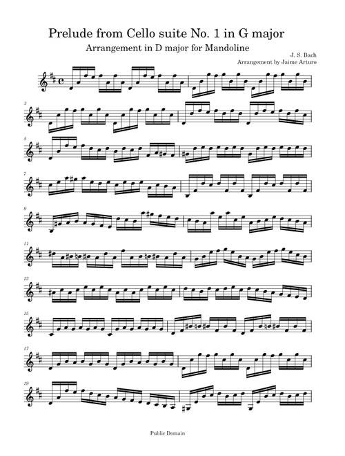 Cello Suite No.1 in G major Arranged for Mandoline in D major