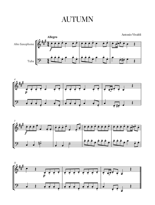 Antonio Vivaldi - Autumn (Allegro) for Alto Saxophone and Tuba (Arr. Cadenza Editions) (Instrumental Duet)