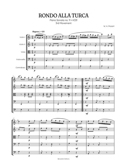 Rondo Alla Turca (Turkish March) | String Quintet sheet music (Arr. Benzaiten Editions) - Wolfgang Amadeus Mozart (String Ensemble)