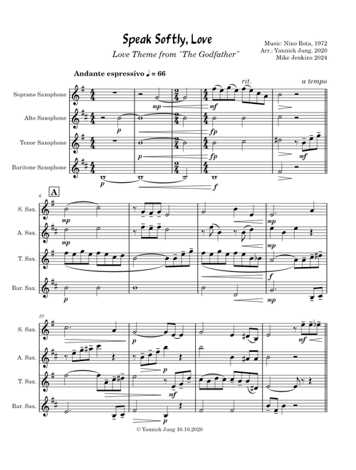 Speak Softly, Love ("The Godfather" Theme) – Saxophone Quartet SATB