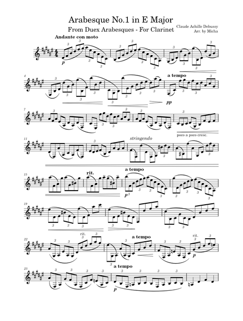 Arabesque No.1 in EM By Claude Debussy For Clarinet