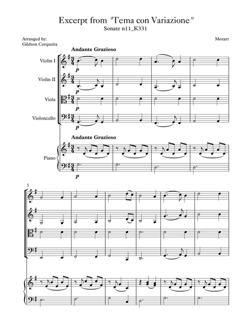 Excerpt from sonate k331 - "Tema con Variazione" (Arr. Gildson Cerqueira) - Mozart (String Quartet)