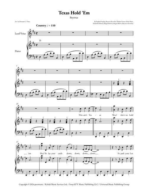 Texas Hold 'em (Arr. Jhonatan Lucio Viana) - Beyoncé (Piano Chords-Lyrics)