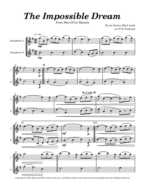 The Impossible Dream (The Quest) (Arr. P. R. Frederick) - Man Of La Mancha (Saxophone Duet)