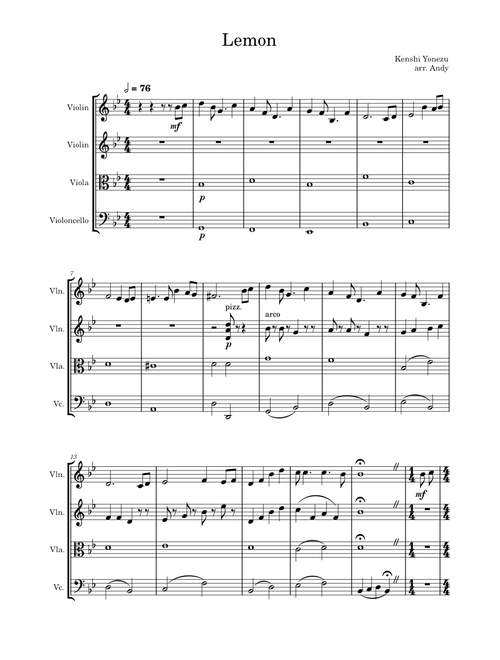 Lemon – Kenshi Yonezu (米津 玄師) (string quartet)