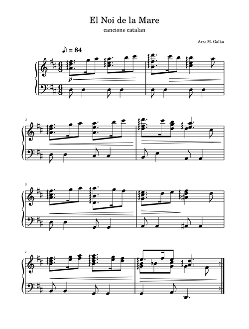 El Noi de la Mare (Arr. M. Galka) - Traditional (Piano Solo)