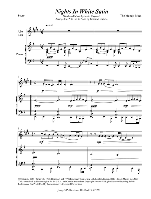 Nights In White Satin (Arr. James M. Guthrie, ASCAP) - The Moody Blues (Alto Sax and Piano)