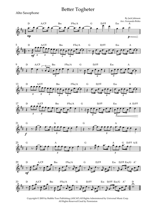 Better Together (Arr. Fernando Britto) - Jack Johnson (Alto Sax Solo)