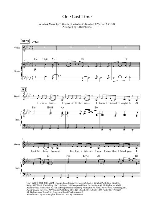 One Last Time (Arr. Teemu Halmkrona) - Ariana Grande (Piano Vocal)