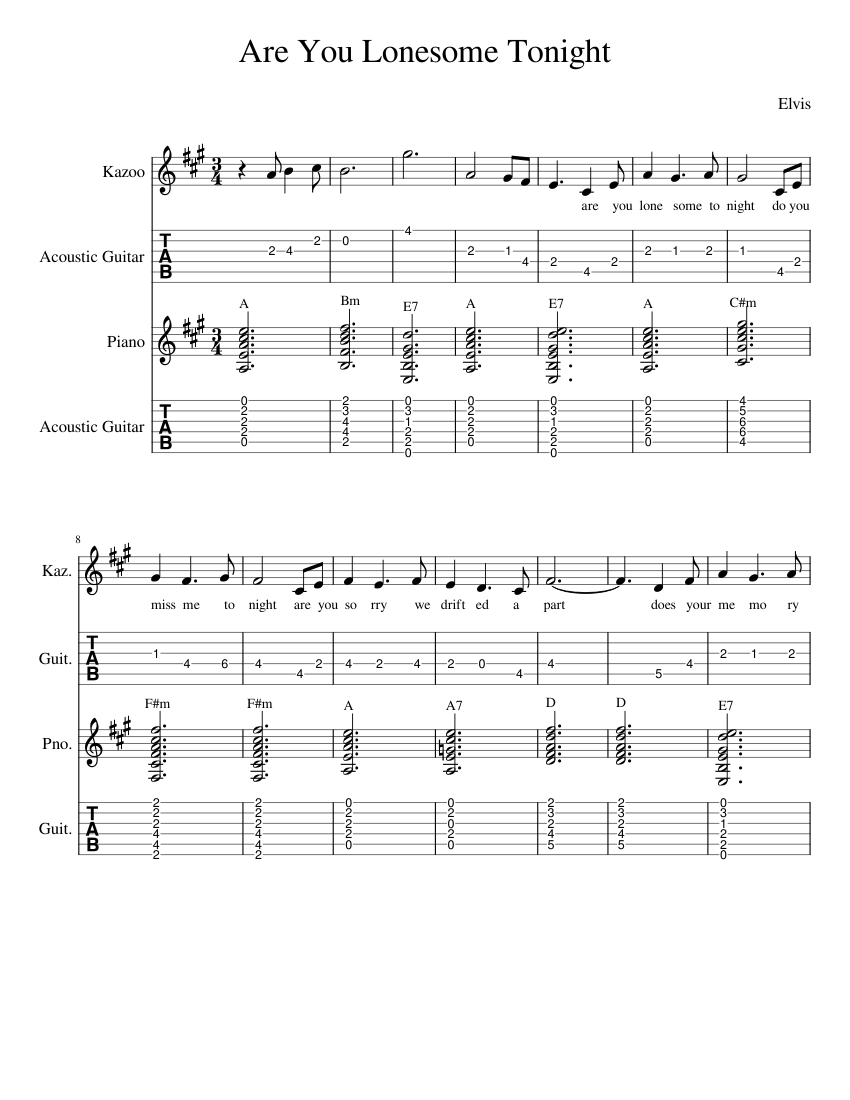 Are_You_Lonesome_Tonight Sheet music for Piano, Kazoo, Guitar (Mixed