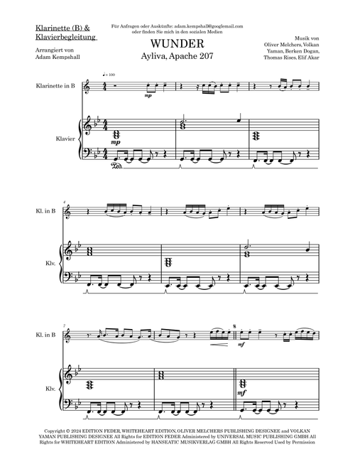 Wunder (Arr. Adam Kempshall) - Ayliva Apache 207 (Clarinet and Piano)