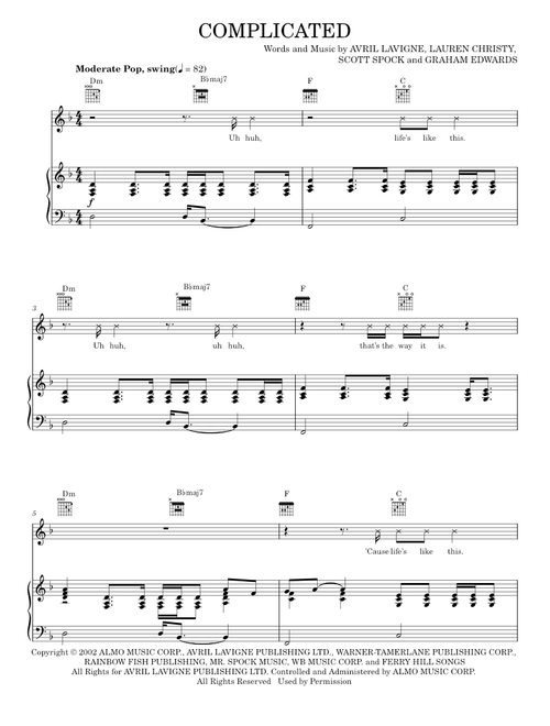 Complicated - Avril Lavigne (Piano-Vocal-Guitar)