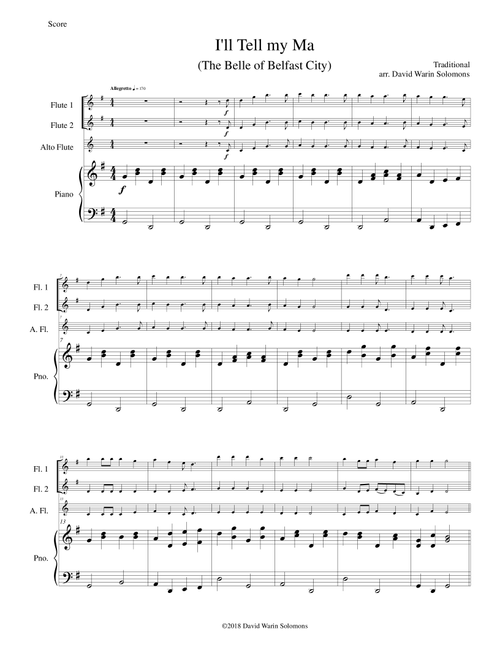 I'll tell my ma (the Belle of Belfast City) for flute trio (2 flutes, 1 alto flute) and piano (Arr. David Warin Solomons) - Traditional (Small Ensemble)