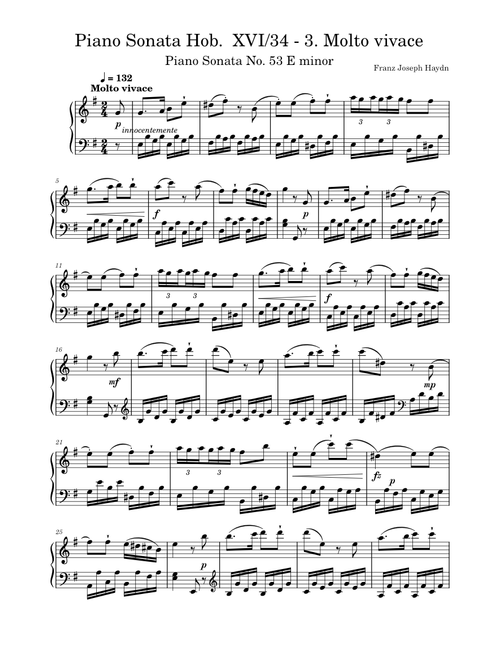 Sonata in E minor HOB XVI 34 – Joseph Haydn Joseph Haydn Piano Sonata Hob. XVI/34 3. Molto vivace