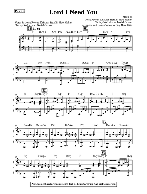 Lord, I Need You - Piano (Arr. Liuț Marc Filip) - Matt Maher (Small Ensemble)