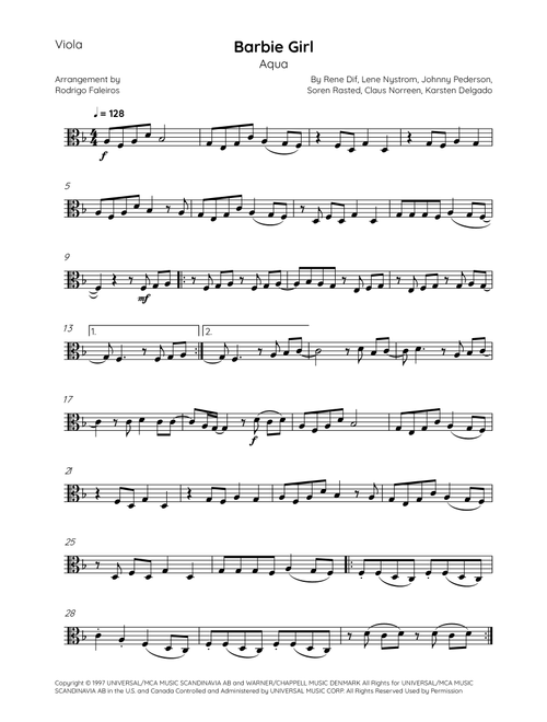 Barbie Girl (Arr. Rodrigo Faleiros) - Aqua (Viola Solo)