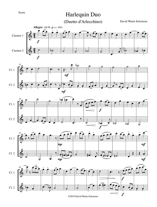 Harlequin Duo (Duetto d'Arlecchino) for 2 clarinets - David Warin Solomons (Clarinet Solo)