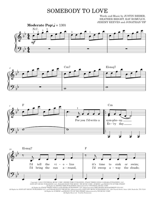 Somebody To Love - Glee TV Series, Justin Bieber (Easy Piano)