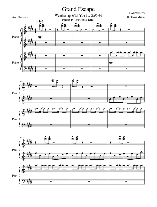 Grand Escape [Piano Four Hands Duet] - Weathering With You (天気の子)
