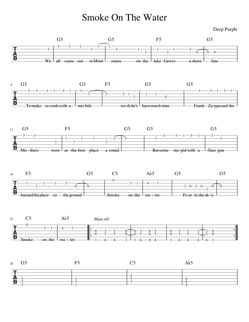 Smoke On The Water Sheet Music And Tab With Chords For Guitar Solo smoke-on-the-water-sheet-music-and-tab-with-chords-for-guitar-solo