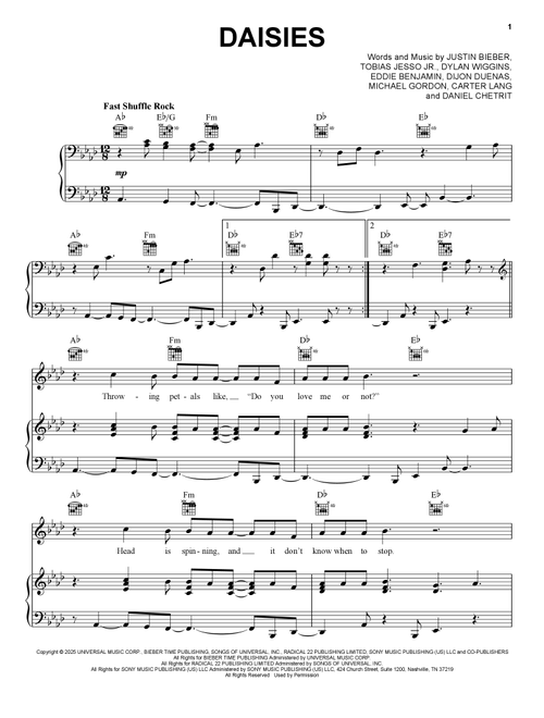 Daisies - Justin Bieber (Piano-Vocal-Guitar)