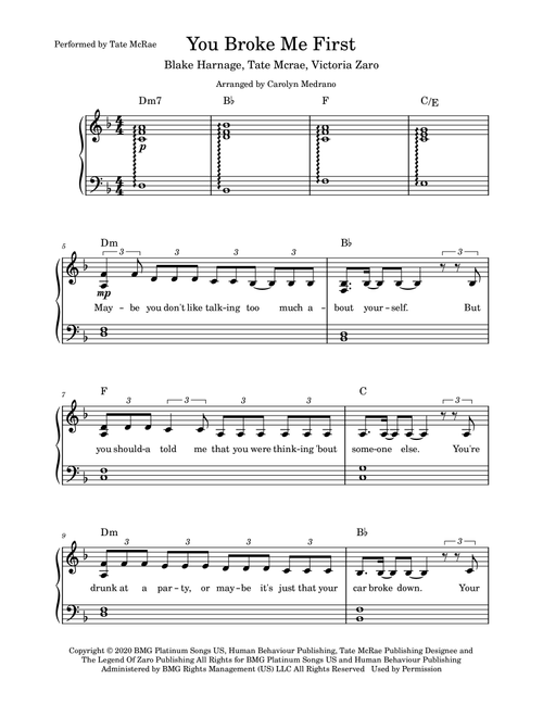 You Broke Me First (Arr. Carolyn Medrano) - Tate McRae (Piano Vocal)